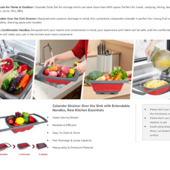 Collapsible Strainer w/ Extendable Handle Over The Sink - Silicone Colander 6Qt - Picture 9 of 10